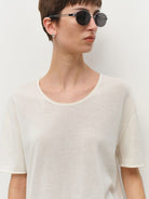 MSBEAST Rolled Edge Silk Cotton U Neck T Shirt in White - On Female Model