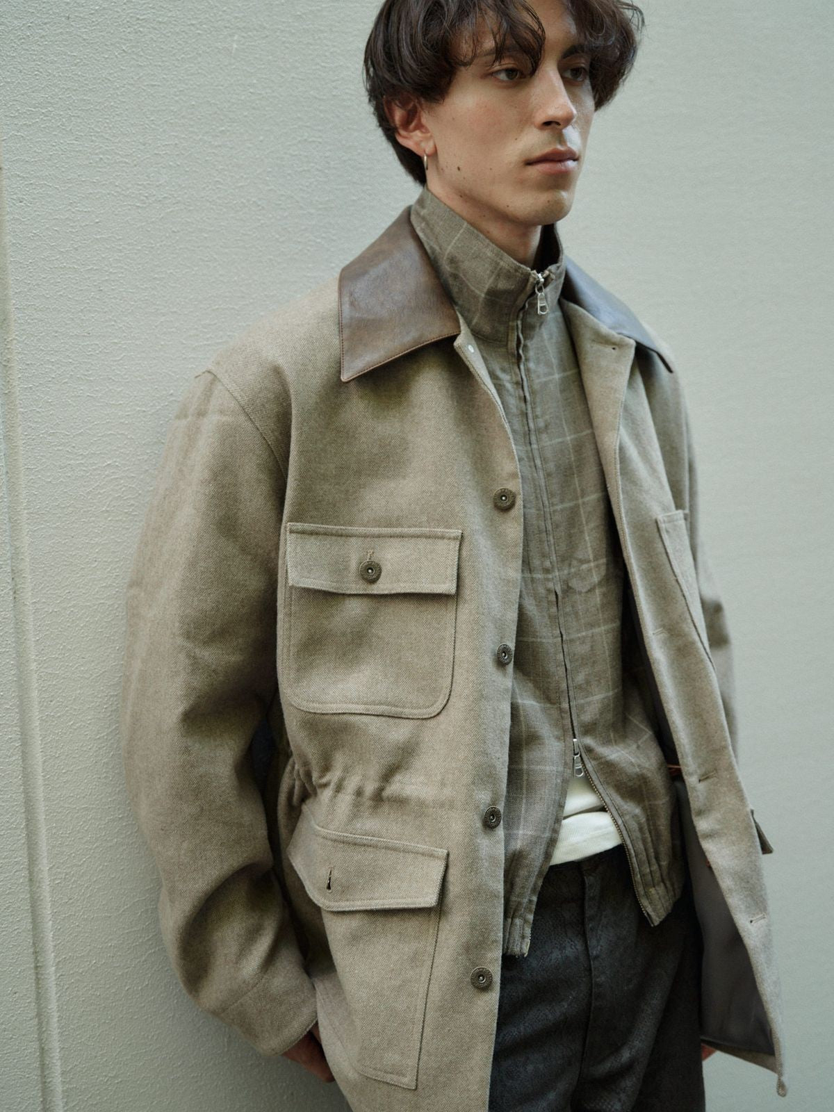 Retro 21 Wool Blend Contrast Collar Jacket in Khaki - On Male Model