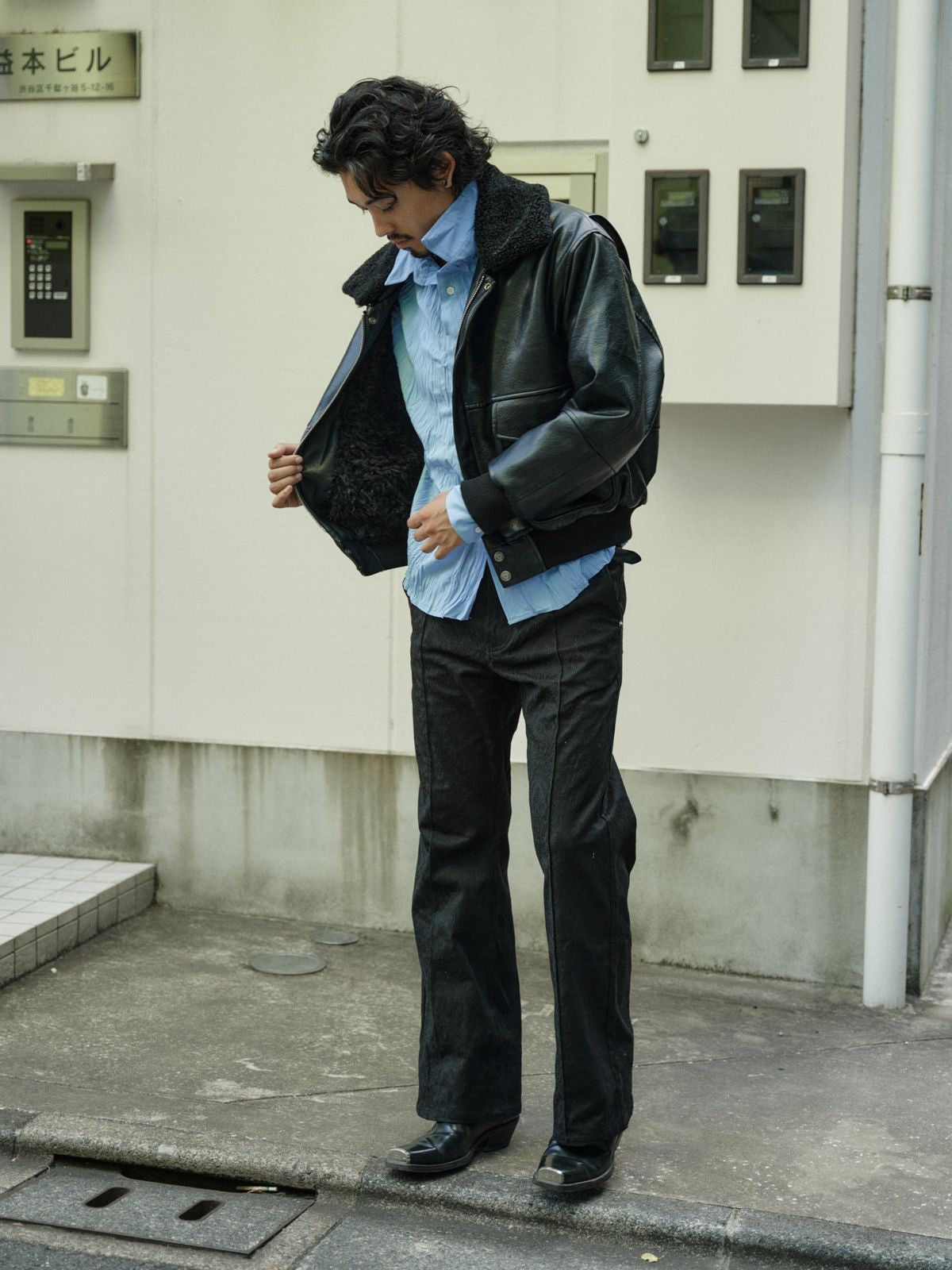 Retro 21 Faux Leather Biker Jacket with Fur Collar in Black - On Male Model