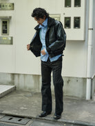 Retro 21 Faux Leather Biker Jacket with Fur Collar in Black - On Male Model