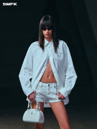 SMFK Cotton Button Up Cargo Shirt in White - On Female Model