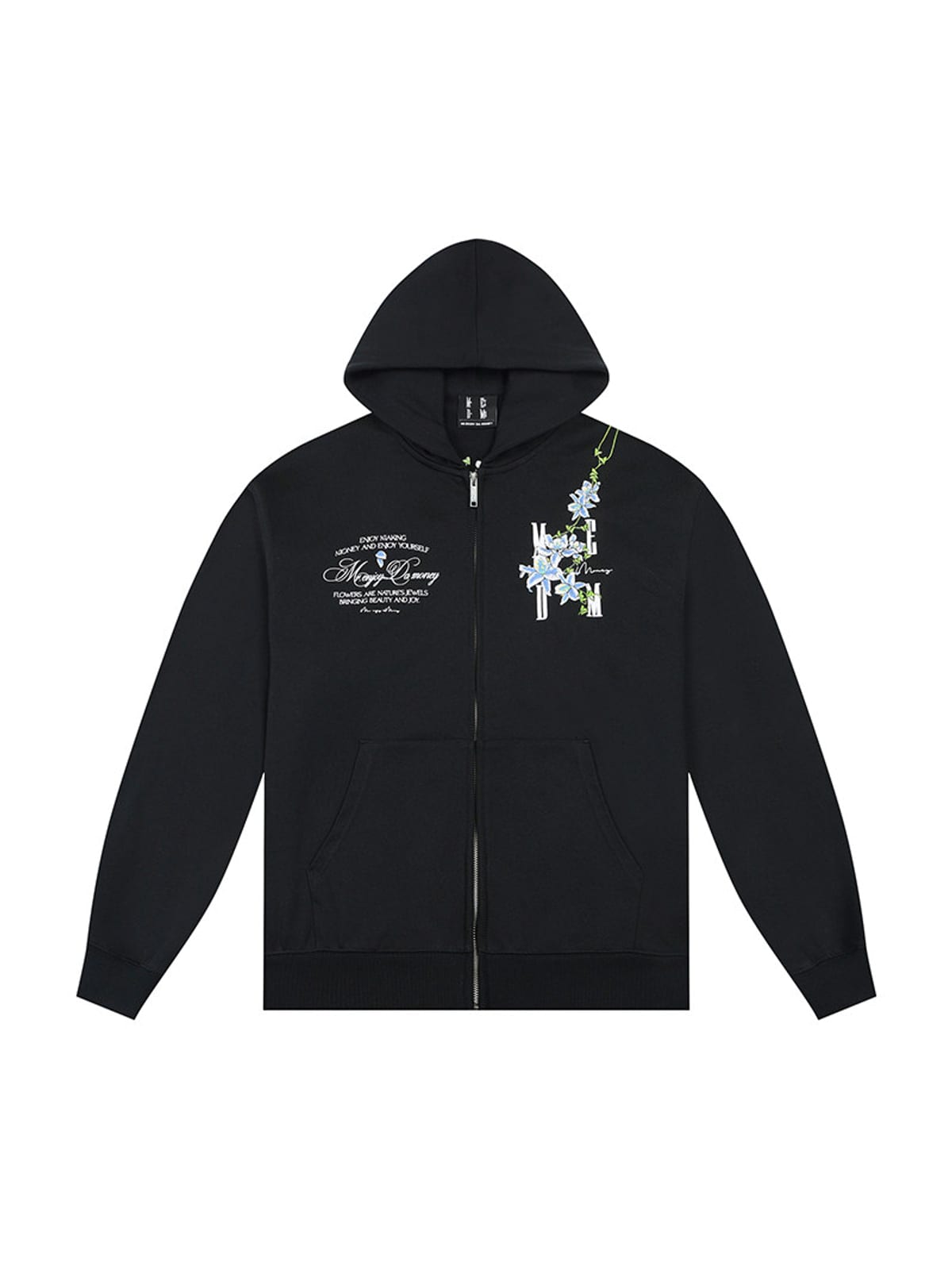 MEDM Floral Embroidered Zip Up Hoodie in Black