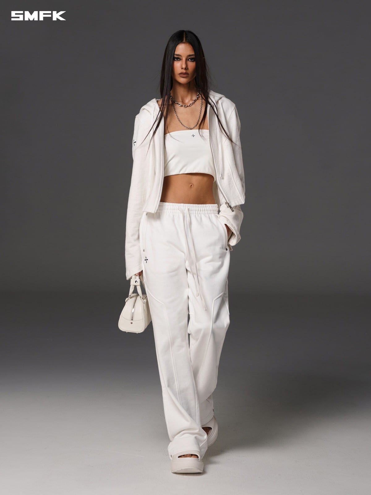 SMFK Cotton Wool Straight Leg Sweatpants in White - On Female Model