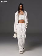 SMFK Cotton Wool Straight Leg Sweatpants in White - On Female Model
