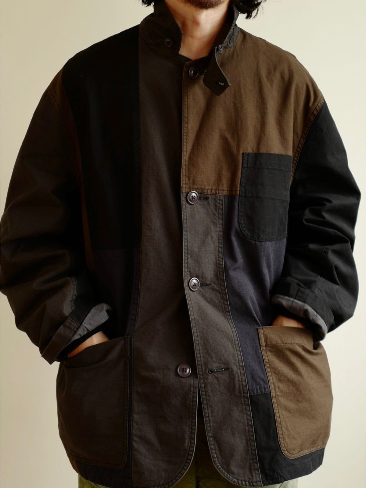 USAGE Cotton Ripstop Patchwork Blazer in Black - On Male Model