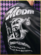 MEDM JoJo Collab Graphic Puffer Bomber in Black - On Model