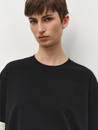 MSBEAST Color Block Cuff Cotton Blend T Shirt in Black - On Female Model