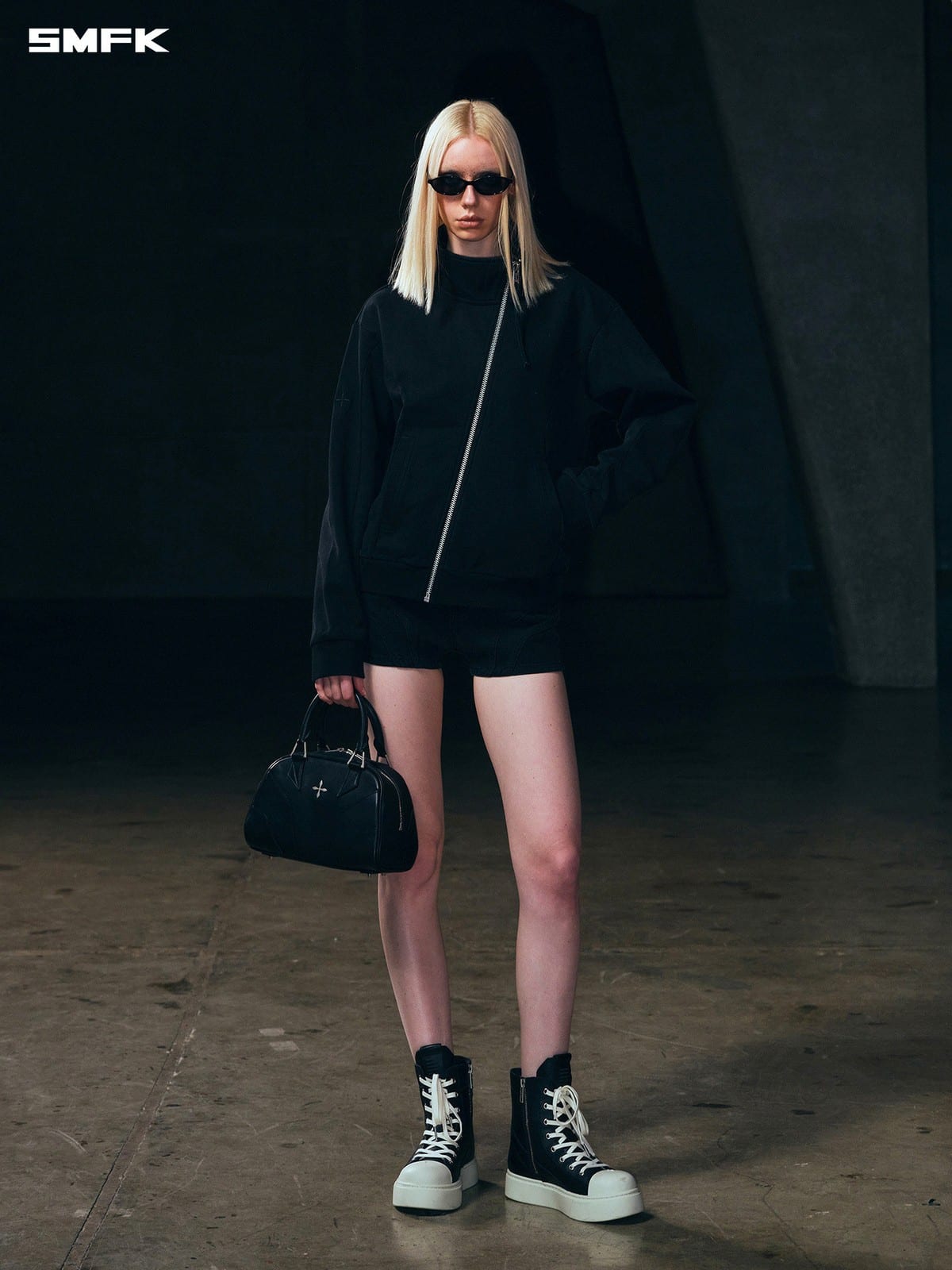 SMFK Asymmetric Zip Cotton Track Jacket in Black - On Female Model