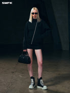 SMFK Asymmetric Zip Cotton Track Jacket in Black - On Female Model