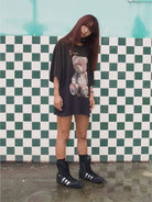 D5ove Distressed Sad Bear Graphic Cotton T Shirt in Black - On Female Model