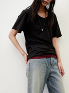 Random Piece Linen Blend U Neck T Shirt in Black - On Female Model