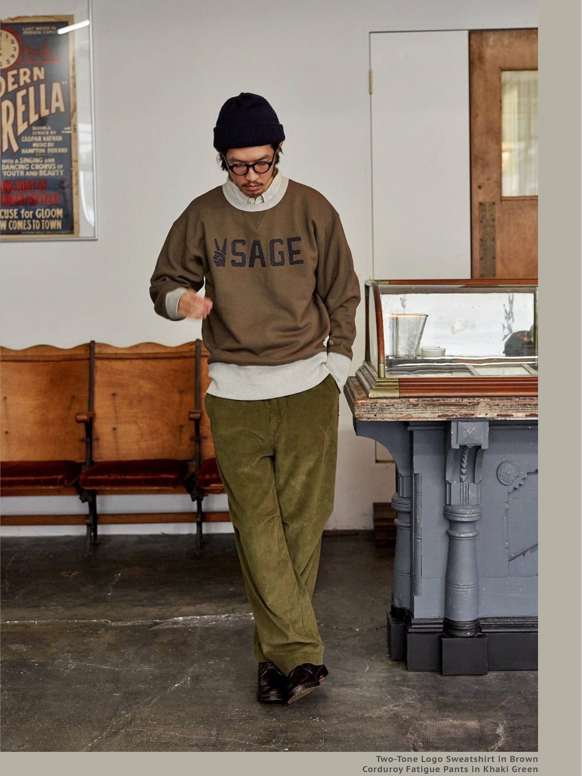 USAGE Graphic Two Tone Cotton Sweatshirt in Brown - On Male Model