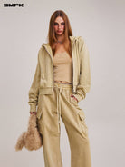 SMFK Garment Dyed Cotton Zip Up Hoodie in Beige - On Female Model