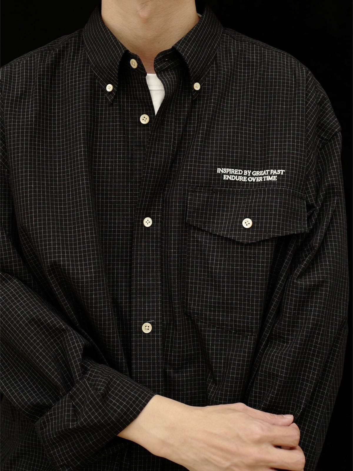USAGE Oversized Micro Check Button Down Shirt in Black - On Male Model