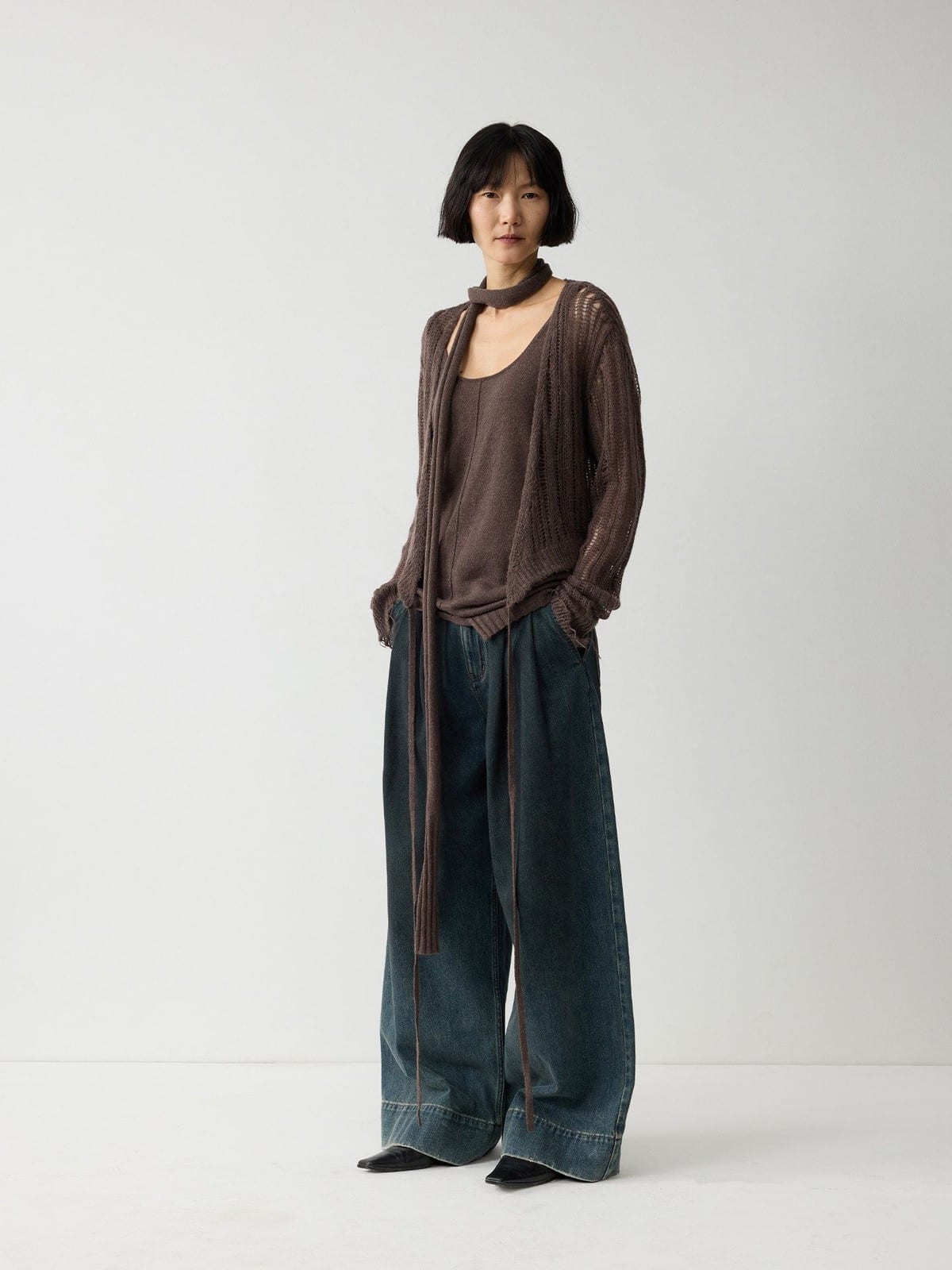 Random Piece Alpaca Blend Pointelle Tie Front Cardigan in Brown - On Female Model