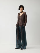 Random Piece Alpaca Blend Pointelle Tie Front Cardigan in Brown - On Female Model