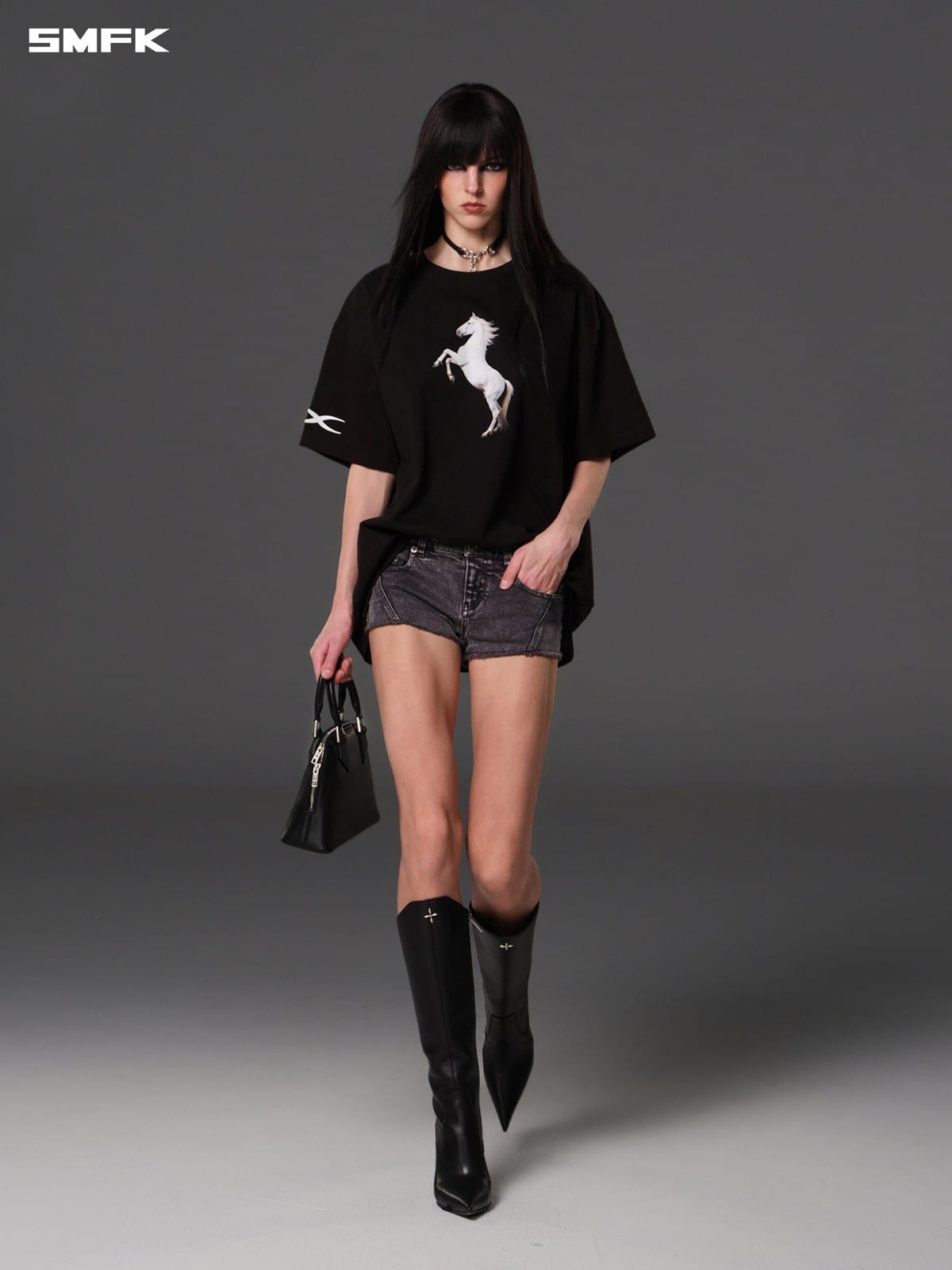 SMFK Heavyweight Cotton Horse Print T Shirt in Black - On Female Model