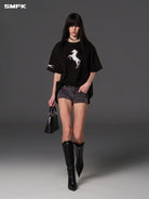 SMFK Heavyweight Cotton Horse Print T Shirt in Black - On Female Model