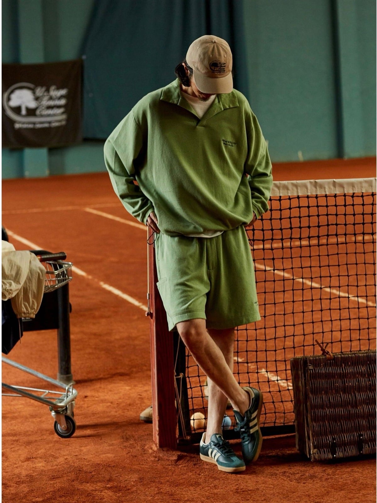 USAGE Oversized Textured Long Sleeve Polo in Mint - On Male Model