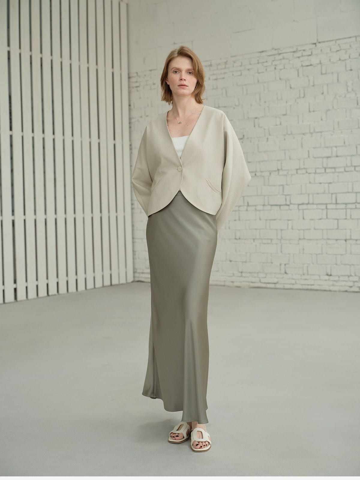 TEASEL Scalloped Edge Wool Blend Cropped Blazer in Green - On Female Model