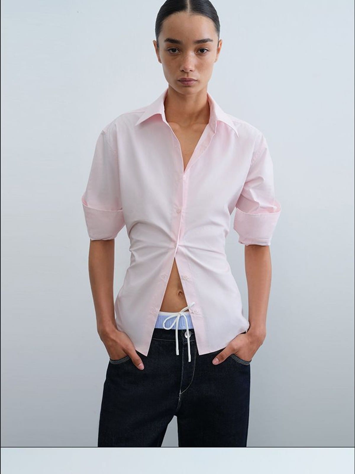 RARELY ALIKE Two Way Tie Waist Cotton Shirt in Pink - On Female Model