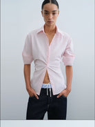 RARELY ALIKE Two Way Tie Waist Cotton Shirt in Pink - On Female Model
