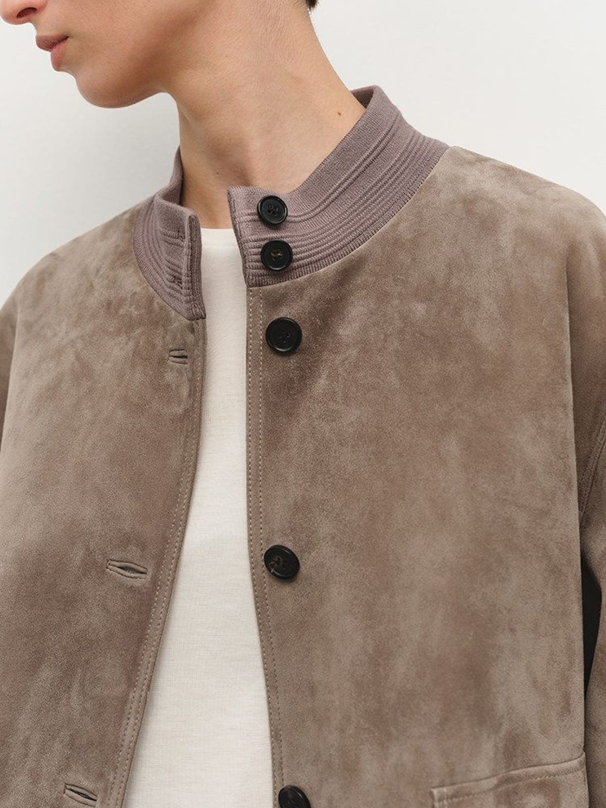 MSBEAST Oversized Sheep Suede Bomber Jacket in Beige - On Female Model