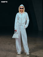 SMFK Embroidered Cropped Zip Up Hoodie in White - On Female Model