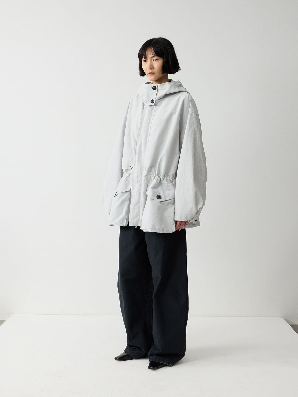 Random Piece Cotton Blend Drawstring Cargo Jacket in Gray - On Female Model