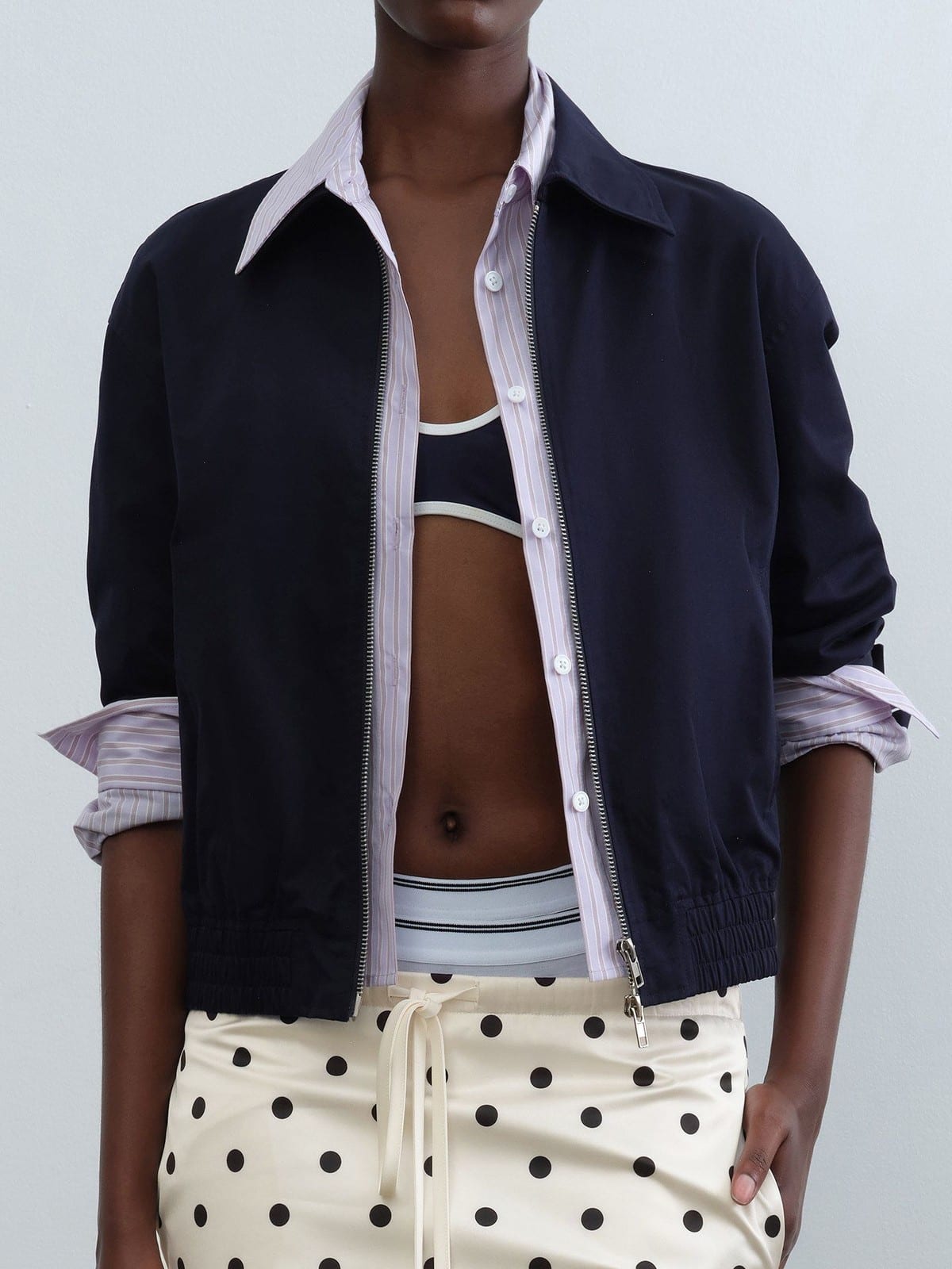RARELY ALIKE Mock Layer Striped Cropped Jacket in Navy Blue - On Model