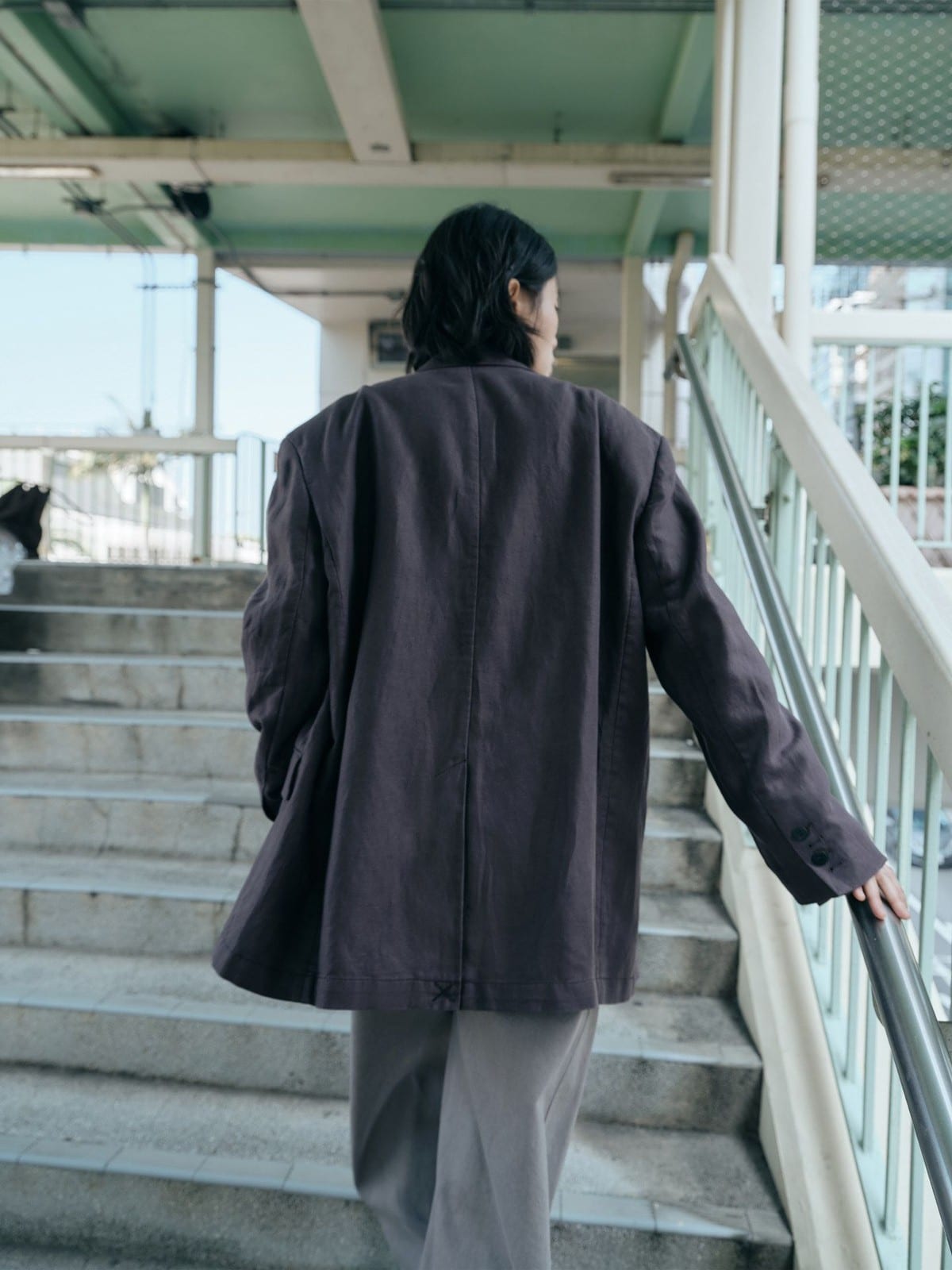 Random Piece Drop Shoulder Cotton Linen Blazer in Gray - On Model