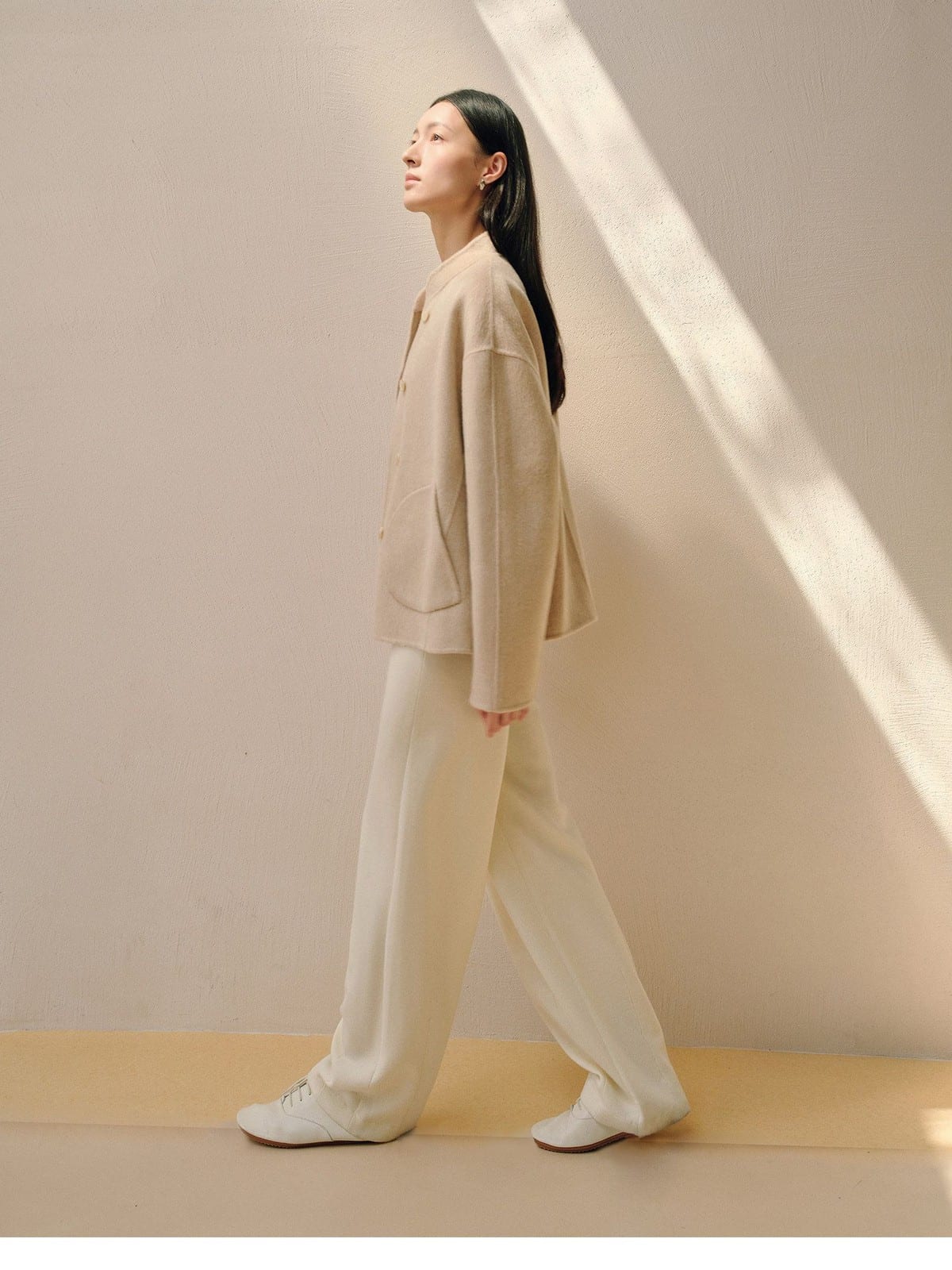 TEASEL Wool Blend Stand Collar Short Coat in Beige - On Female Model