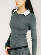 SweetChilling Layered Look Pleated Dress with Belt in Light Gray - On Female Model