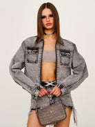 SMFK Small Croc Embossed Leather Shoulder Bag in Gray - On Female Model
