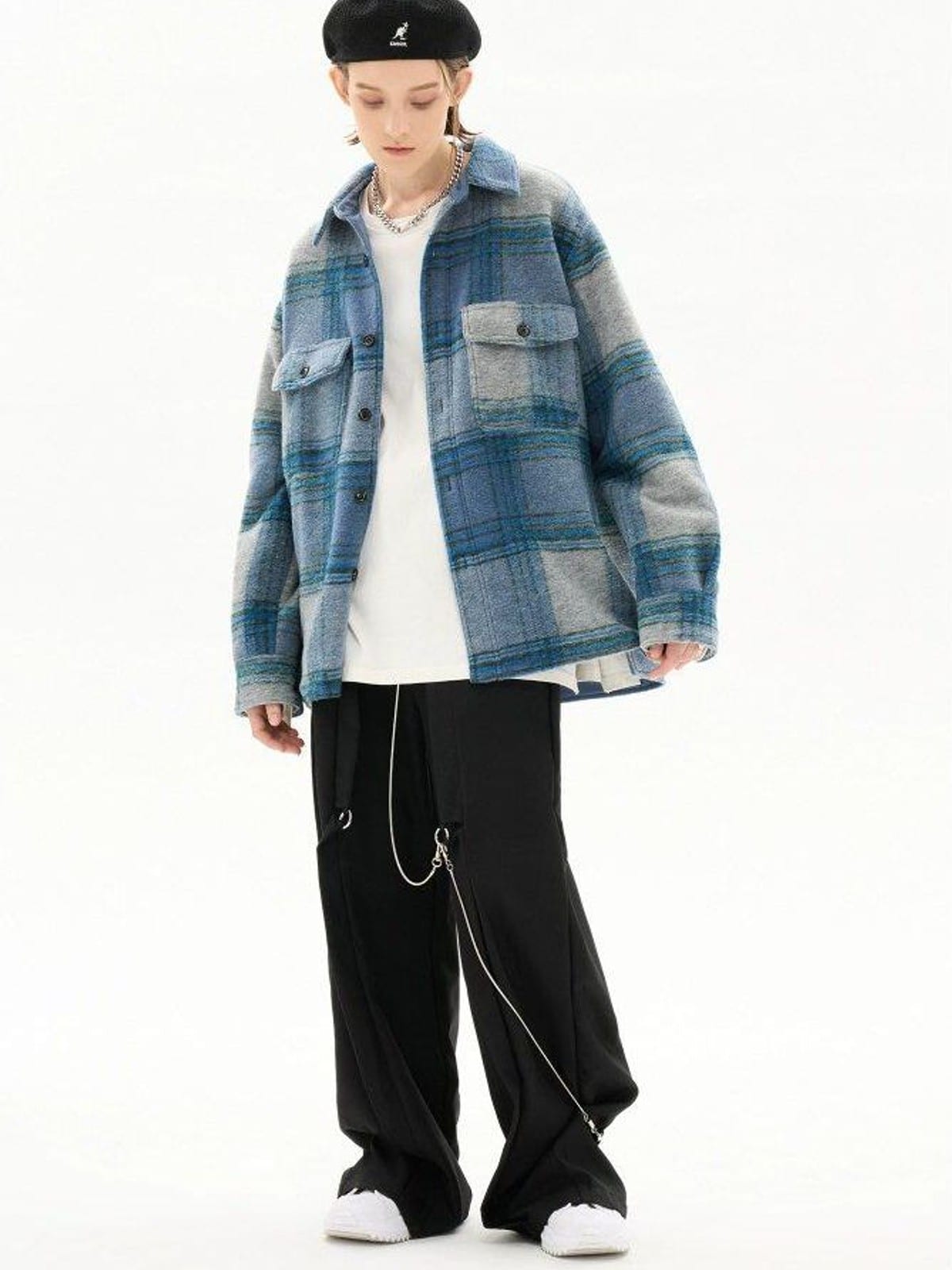 LOSTCTRL Embroidered Brushed Plaid Jacket in Blue - On Female Model