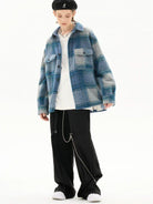 LOSTCTRL Embroidered Brushed Plaid Jacket in Blue - On Female Model