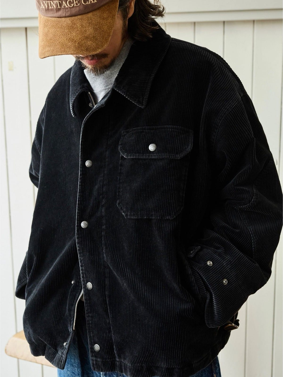 USAGE Wide Wale Corduroy Deck Jacket in Black - On Male Model