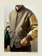 USAGE Reversible Velvet Leather Varsity Jacket in Beige - On Male Model