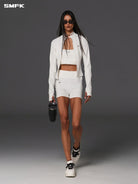 SMFK Lightweight Zip Up Fitness Jacket in White - On Female Model