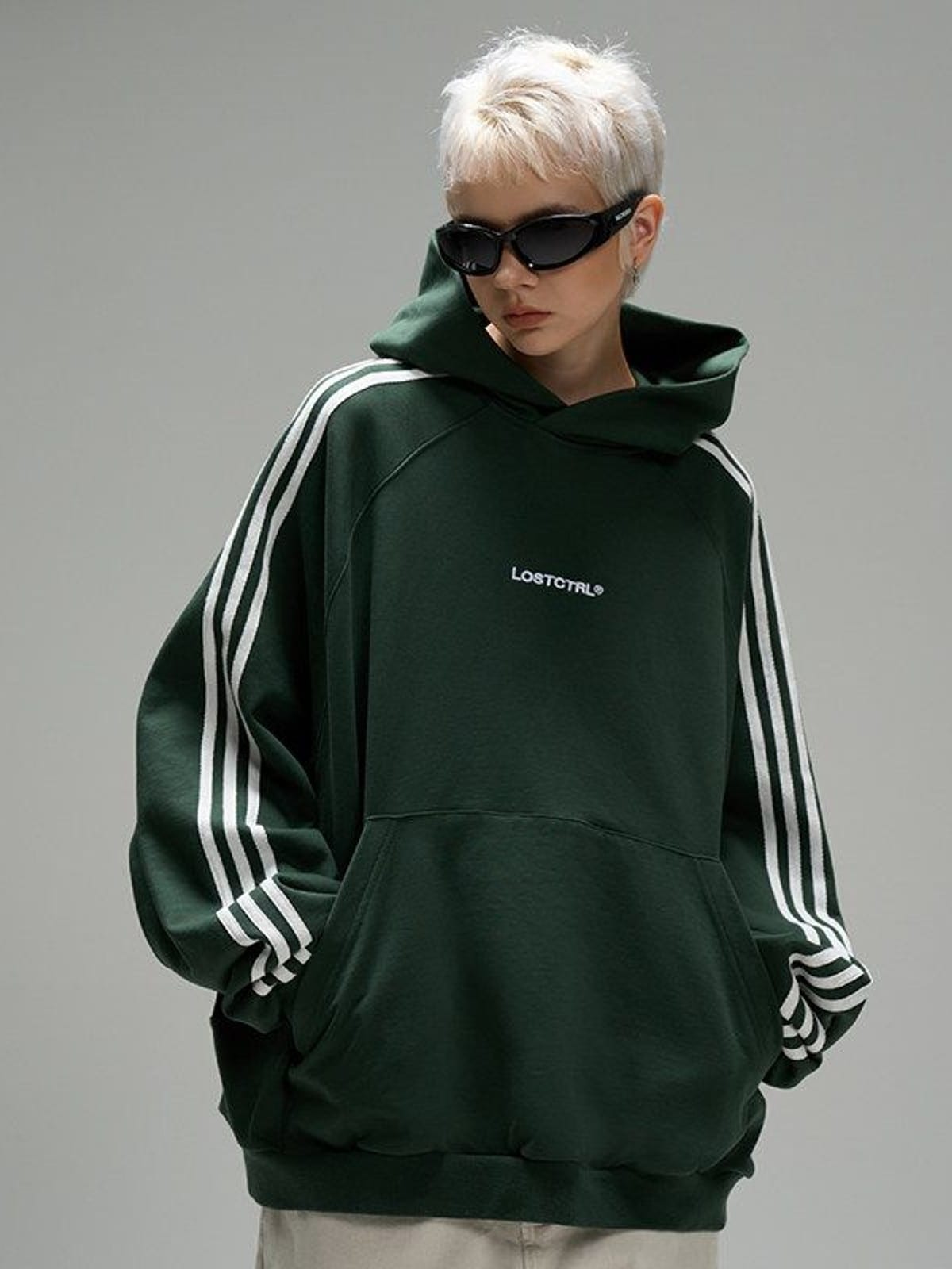 LOSTCTRL Three Stripe Cotton Hoodie in Green - On Female Model