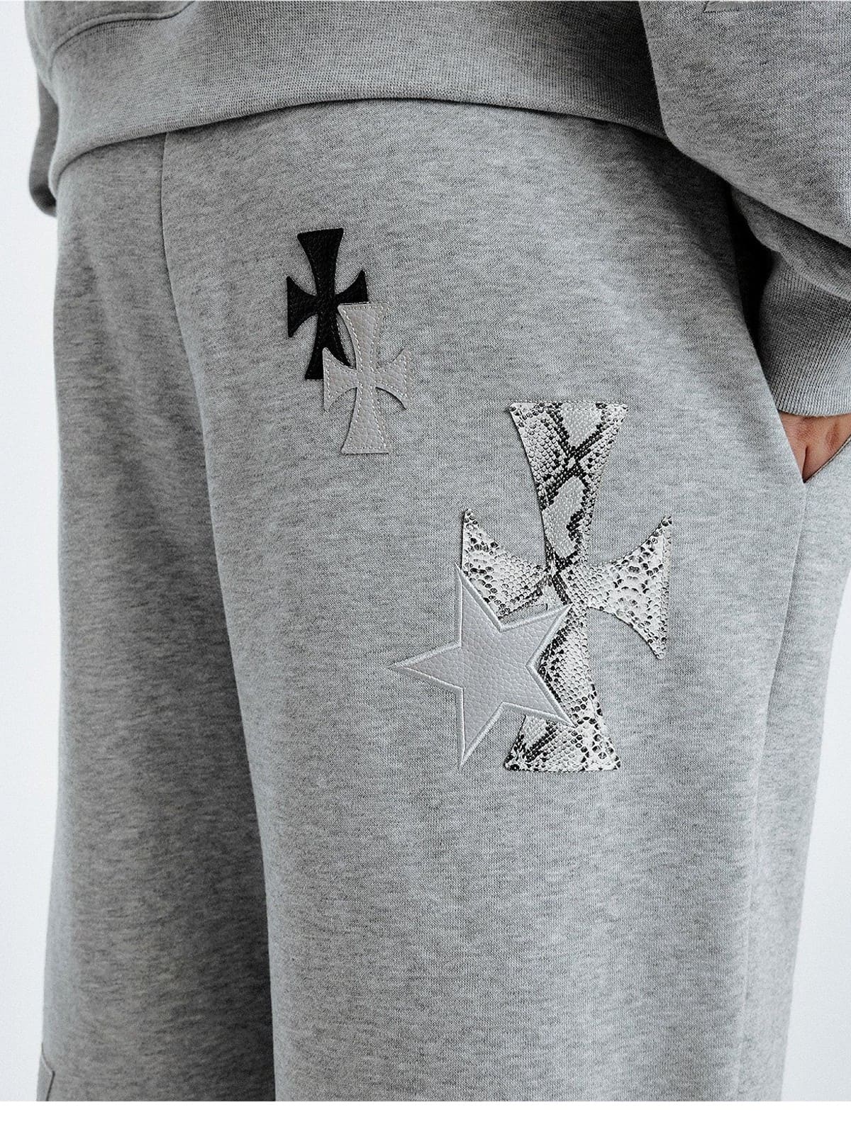 MEDM Leopard Leather Patch Drawstring Pants in Gray - On Model