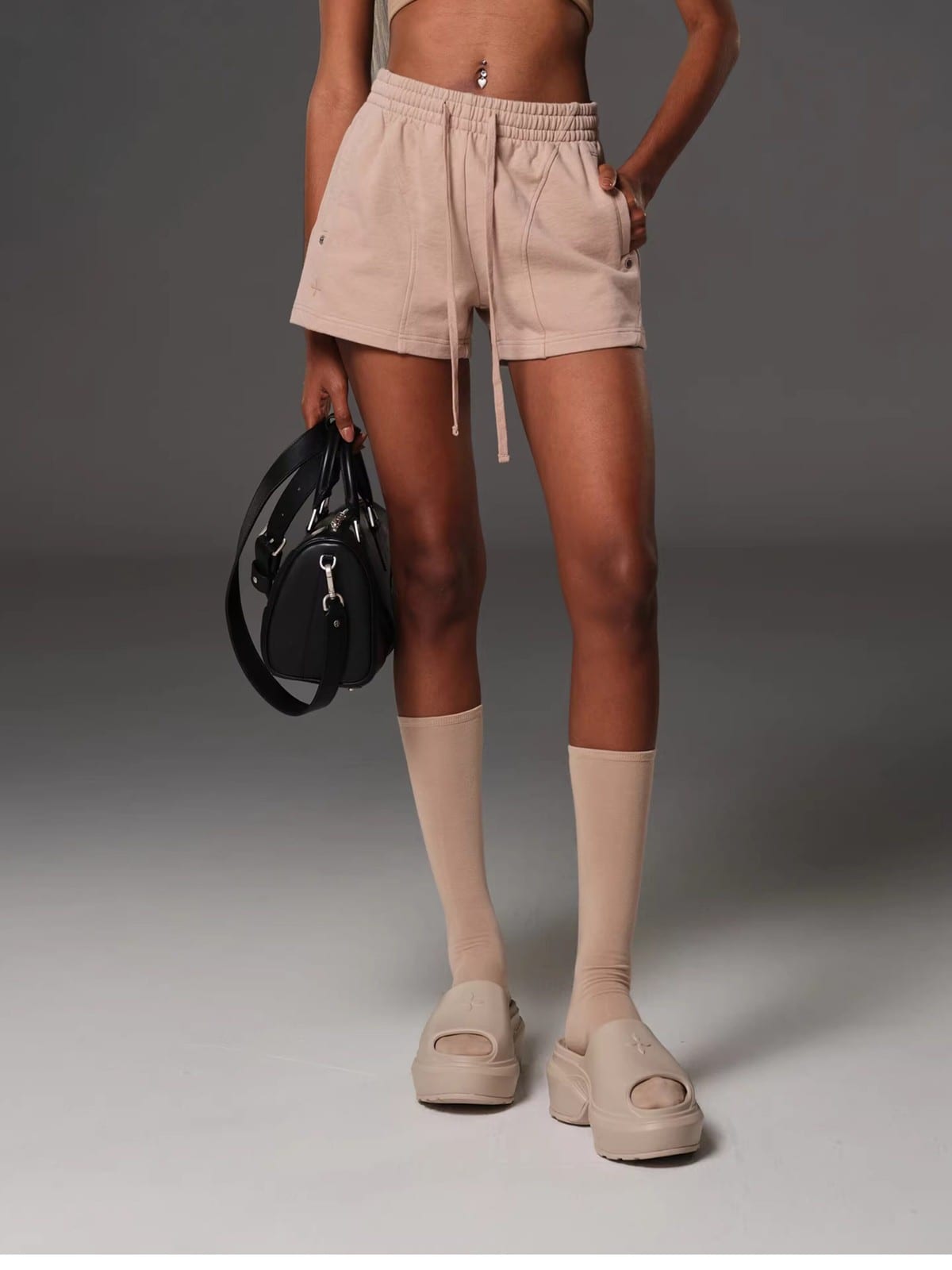 SMFK Cotton Wool Blend Drawstring Shorts in Beige - On Female Model