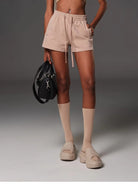 SMFK Cotton Wool Blend Drawstring Shorts in Beige - On Female Model