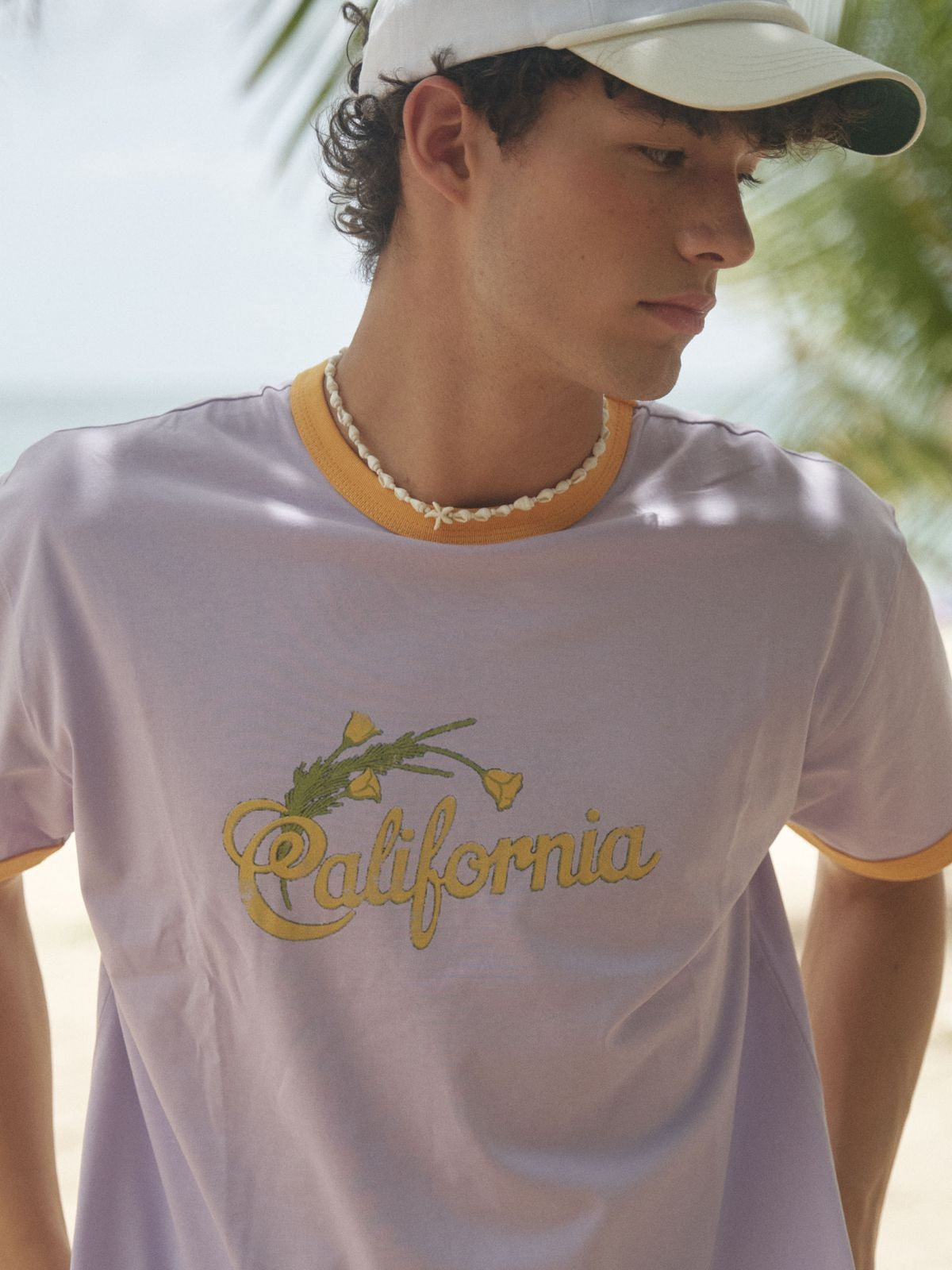 Retro 21 California Graphic Ringer T Shirt in Lavender - On Male Model