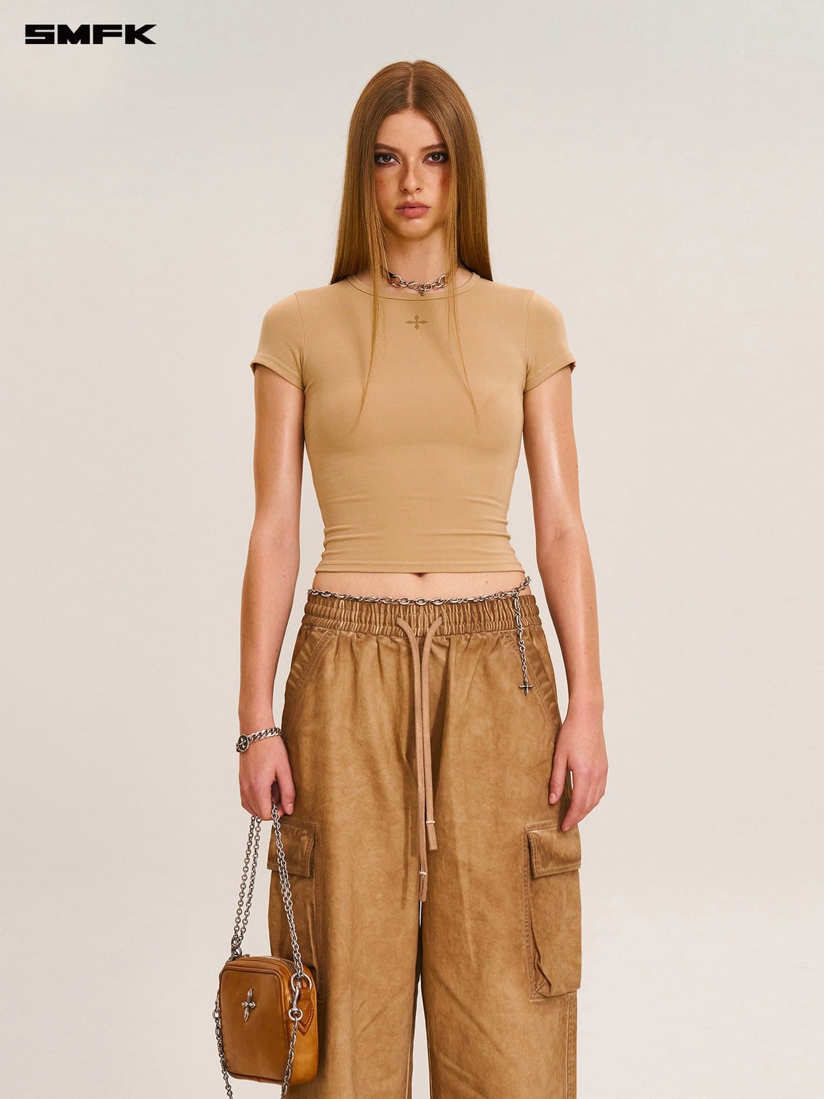 SMFK Short Sleeve Cropped T Shirt in Beige - On Female Model