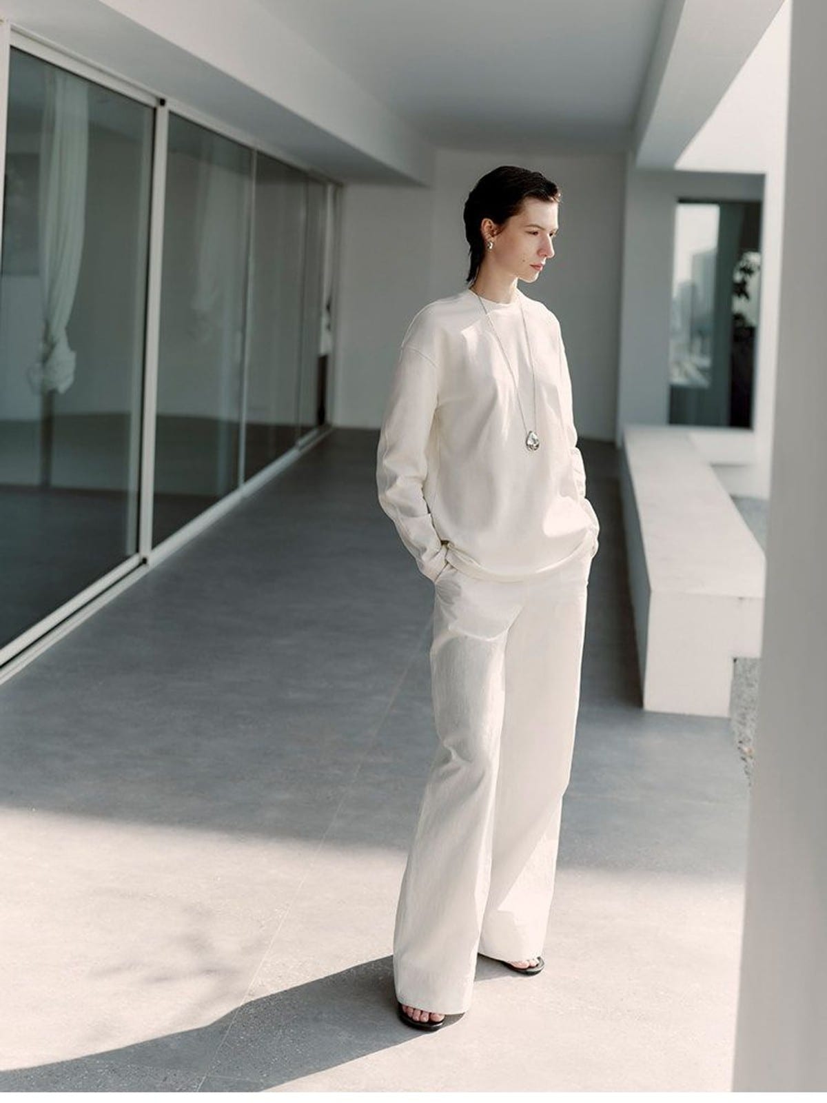 MSBEAST Textured Cotton Wide Leg Trousers in White - On Female Model