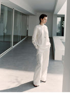 MSBEAST Textured Cotton Wide Leg Trousers in White - On Female Model