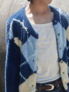 Retro 21 Faux Mink Argyle Cardigan in Blue - On Male Model