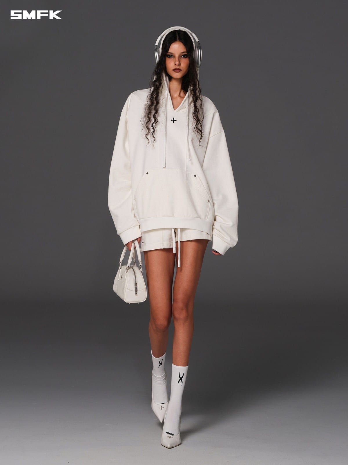 SMFK Cotton Wool Blend Oversized Hoodie in White - On Female Model
