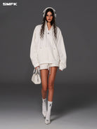 SMFK Cotton Wool Blend Oversized Hoodie in White - On Female Model